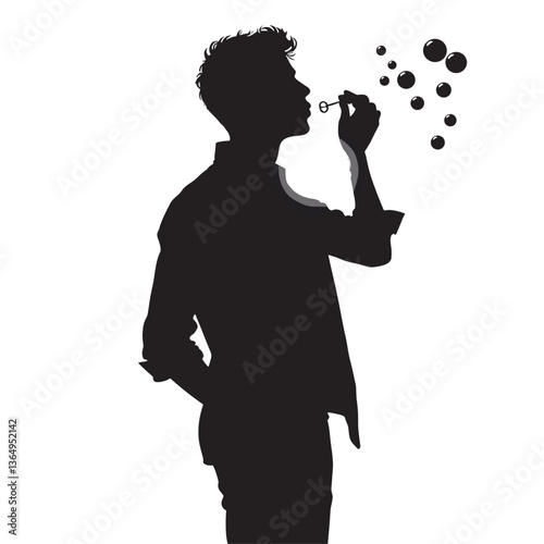 Silhouette of Man Blowing Bubbles Against White Background in Minimalistic Art
