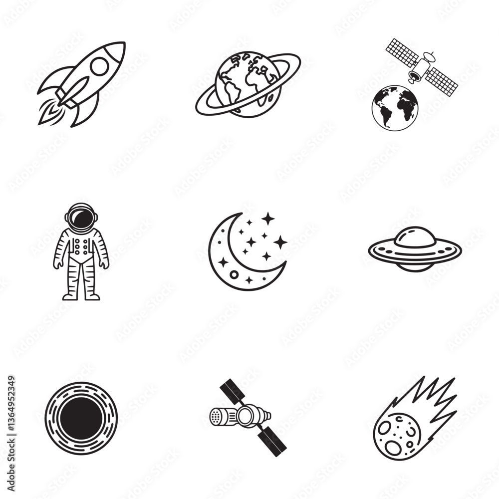 Space Exploration and Astronomy Icons set. Collection of Simple Black Line Art Space Icons. In black on a white background
Space Exploration and Astronomy Icons set. Collection of Simple Black Line Art Space Icons. In black on a white background