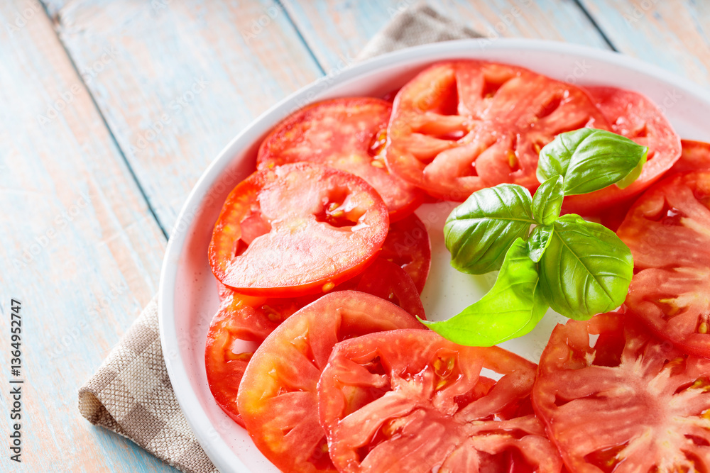 White Plate with Tomato Slices and Basil Leaves on Rustic Wooden Table, Close-Up White Plate with Tomato Slices and Basil Leaves on Rustic Wooden Table, Close-Up