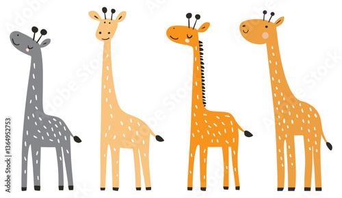 Clip art hand drawn vector illustration of four different cute funny giraffes in a playful doodle style, isolated on white background.