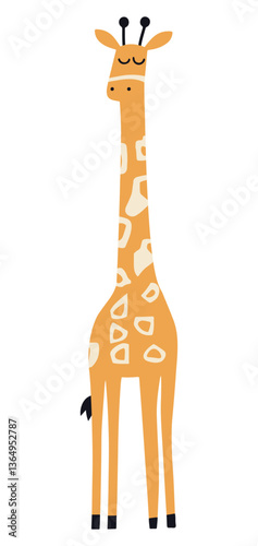 Clip art hand drawn vector illustration of a single cute funny giraffe with a tall neck, distinctive spotted coat, and black horns, isolated on white background.