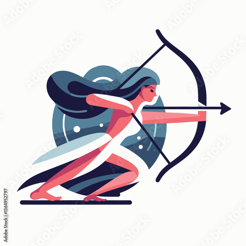 Dynamic Archer Woman in Motion - Flat Illustration Style