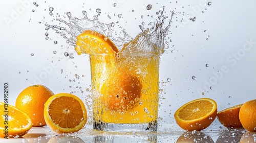 Fresh Orange Juice Splash with Citrus Fruit and Ice Cubes