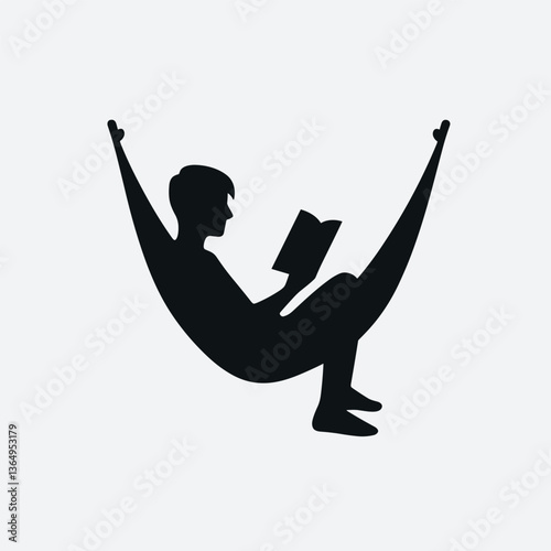 Minimalist Silhouette of Person Relaxing in Hammock Reading Book - Flat Illustration