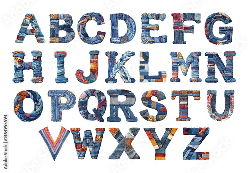 Full alphabet made of denim and knitted fabric patches on white background
