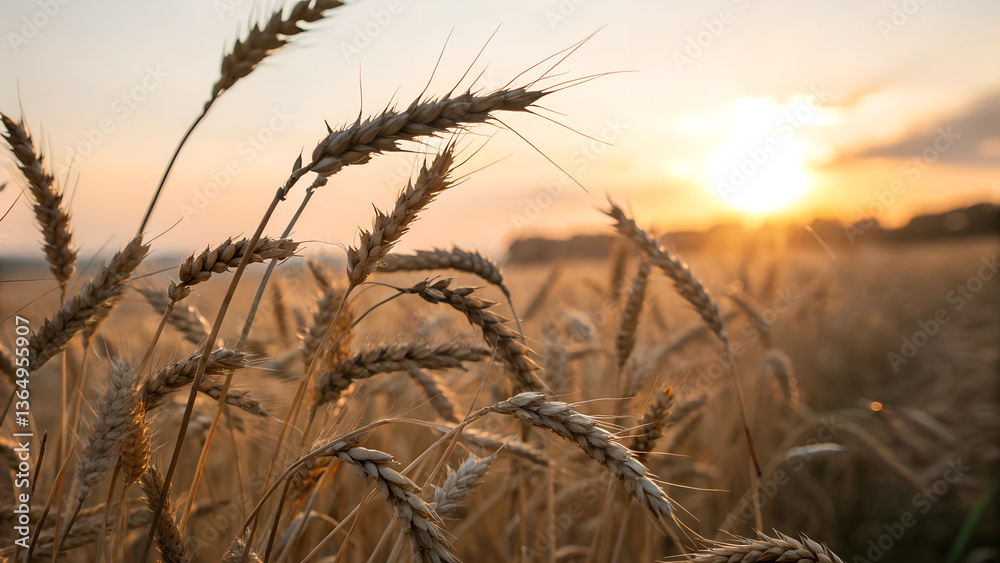 Fototapeta premium Ripe wheat ears swaying in field at golden sunset in summer