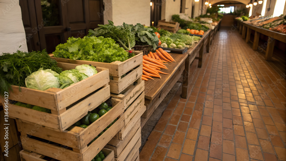 Assortment of fresh organic vegetables in wooden crates at farmer’s market Assortment of fresh organic vegetables in wooden crates at farmer’s market