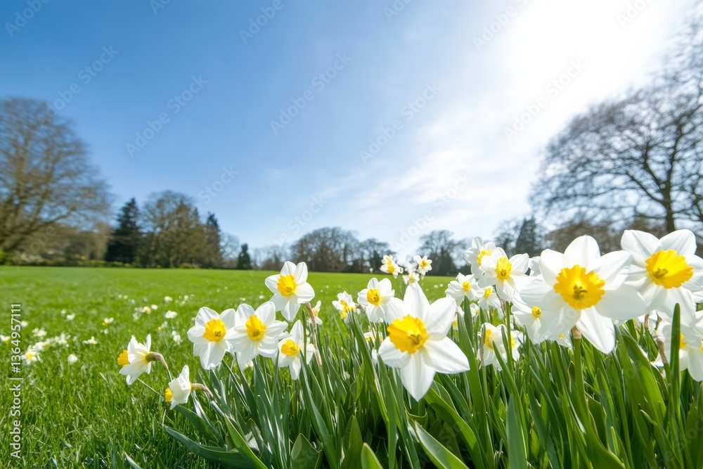 Fototapeta premium Colorful Rows of Blooming Tulips in Spring Flower Field with Mountain View Background