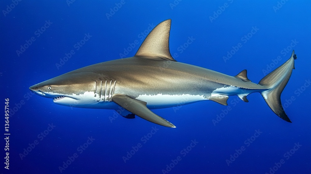 Fototapeta premium A sleek sandbar shark gracefully glides through the deep blue ocean, a majestic predator in its underwater realm with vibrant blue backdrop.