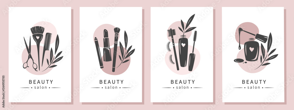 Fototapeta Set of elements and icons for beauty salon. Nail polish, makeup tools, cosmetic brushes, lipstick, eyelash extension, hairdresser tools. Vector illustrations for banner, cover, marketing.
