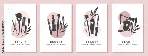 Set of elements and icons for beauty salon. Nail polish, makeup tools, cosmetic brushes, lipstick, eyelash extension, hairdresser tools. Vector illustrations for banner, cover, marketing.