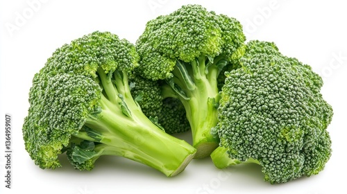 Fresh Broccoli Heads, Isolated White Background, Healthy Food, Cooking Ingredient, Stock Photo