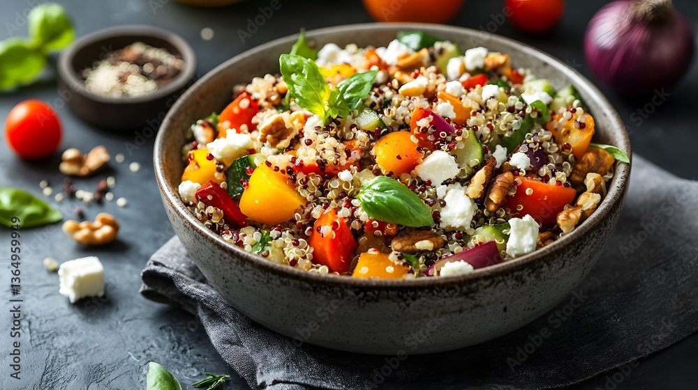 A fresh, colorful quinoa salad with roasted vegetables, nuts, and feta cheese A fresh, colorful quinoa salad with roasted vegetables, nuts, and feta cheese