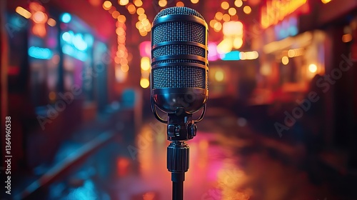 An exciting atmosphere for music recording or stand up comedy in a vibrant colorful setting is created by a studio microphone on a stand poised for a singer.