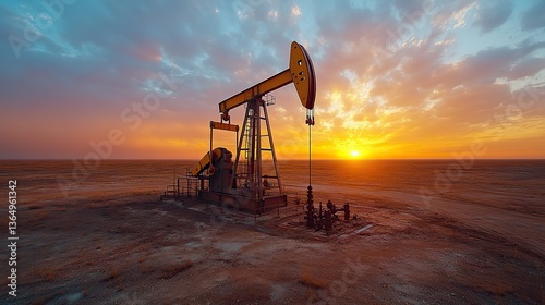 An oil pump extracts oil in an oilfield against a dramatic sky, showing oil pricing and pollution.