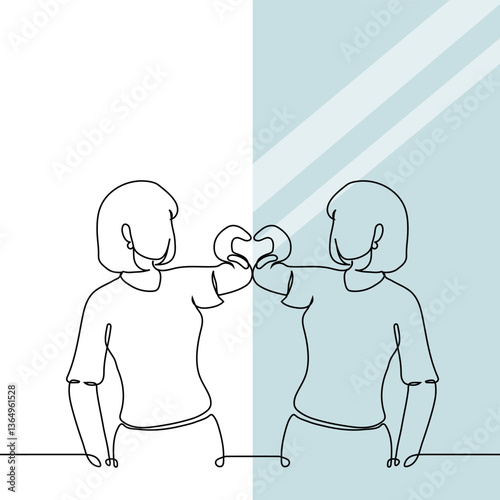 woman in front of mirror shows heart gesture, self love, narcissism, egocentrism, self-admiration, self-acceptance, confidence, single life