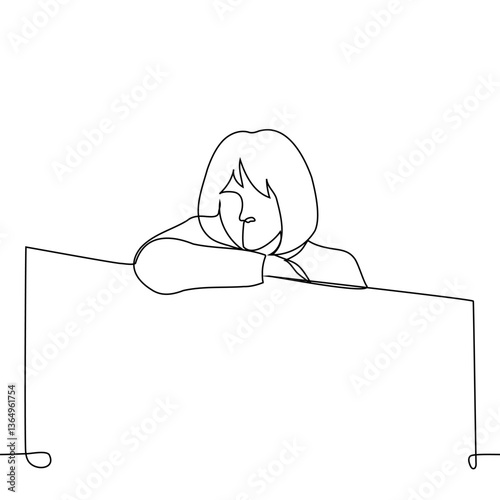 portrait of a woman leaning on a fence, his chin on her bent arm - one line art vector. concept reflection, low fence, peeping at neighbors