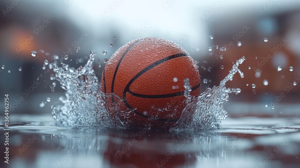 The moment a basketball splashes into water, it forms animated droplets and a vibrant visual scene The moment a basketball splashes into water, it forms animated droplets and a vibrant visual scene