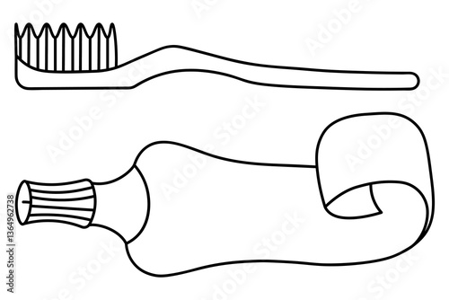 Toothpaste and toothbrush. Sketch. Vector illustration. Outline on isolated white background. Coloring for kids. Accessory of bristles for dental hygiene and product for cleaning teeth in soft plastic