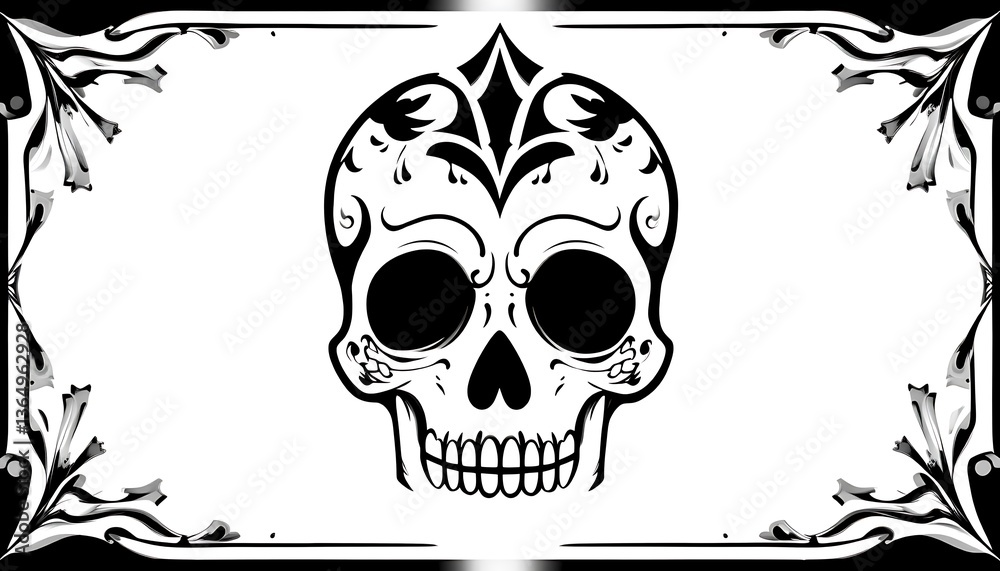 Fototapeta premium Ornate Skull Illustration with Floral Border for Dia De Los Muertos