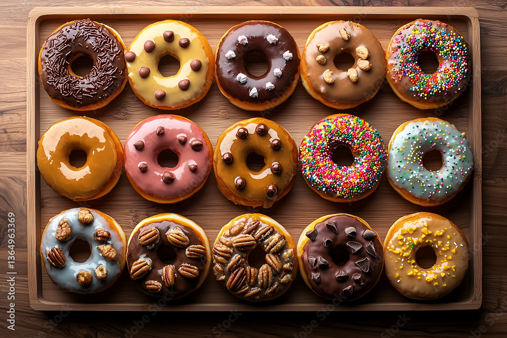 Obraz premium Top-down view of a wooden tray featuring a variety of 12 delicious donuts with assorted toppings, including chocolate glaze, sprinkles, nuts, and caramel drizzle.