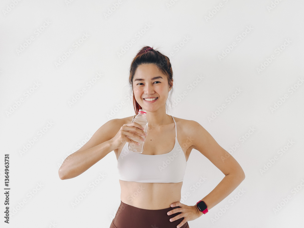 Happy asian Thai woman holding water bottle and drinking between resting workout, wear white sport bras, daily healthy life, standing isolated over white background wall. Happy asian Thai woman holding water bottle and drinking between resting workout, wear white sport bras, daily healthy life, standing isolated over white background wall.