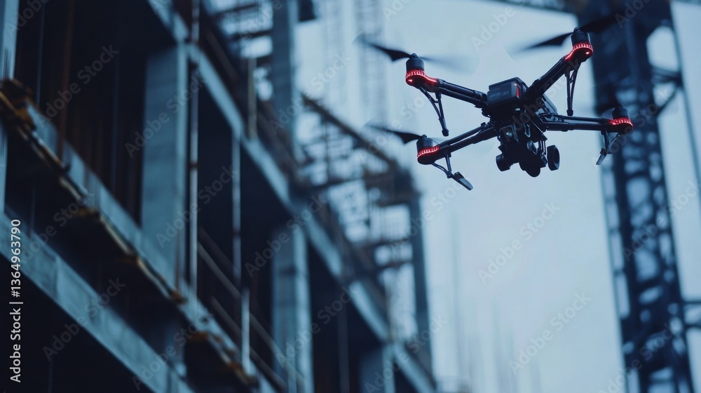 A drone surveyor inspecting industrial infrastructure, urban construction site with drones flying and structural data on screens visible, High-tech style A drone surveyor inspecting industrial infrastructure, urban construction site with drones flying and structural data on screens visible, High-tech style