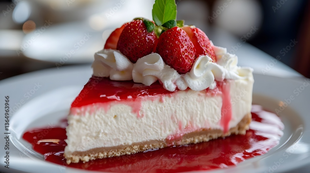 A slice of creamy cheesecake topped with strawberry sauce and whipped cream