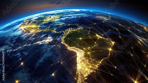illuminated earth showcasing global connectivity and networking depicting technological advancement with city lights and intercontinental digital lines