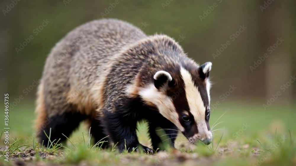 Badger sniffing the ground in the grass showing curiosity and awareness Badger sniffing the ground in the grass showing curiosity and awareness