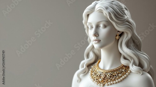 Elegant marble statue of a woman with gold and pearl necklace, positioned for graphic design use. AI-generated, high-quality 8K render, ideal for creative projects and branding.