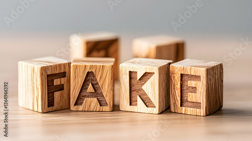 Wooden Blocks Spelling Fake on Table