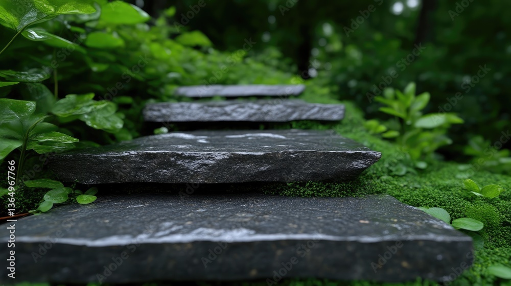 Dark stone steps winding through lush green garden Dark stone steps winding through lush green garden