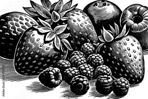 Berries healthy fruit food illustration black and white hand drawn sketch outline