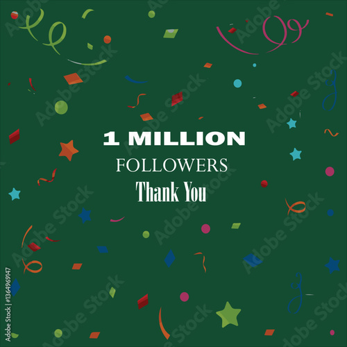 Thank you followers label badge white color theme isolated on green background. 1 million followers. Vector greeting artwork.