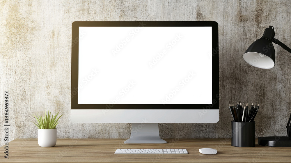 Fototapeta premium An empty picture frame rests on a stylish, minimalist desk, creating a blank canvas waiting for memories or inspiration in a contemporary workspace environment.