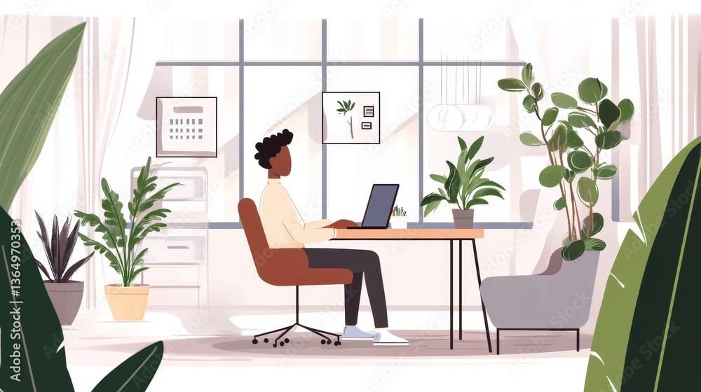 Fototapeta premium An employee sitting at a modern desk in a well-lit office, surrounded by a few office plants and a comfortable chair. 