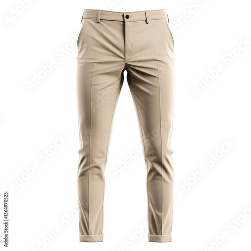 Elegant tan trousers featuring a modern, slim fit, perfect for business casual settings. Stylish and versatile for a polished look. Isolated, transparent background, png.