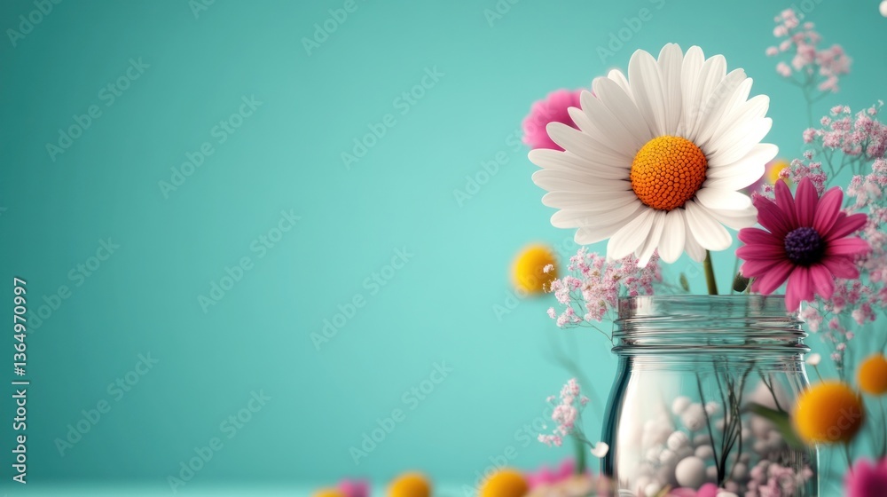 Obraz premium Vibrant flowers in a glass jar against a teal background