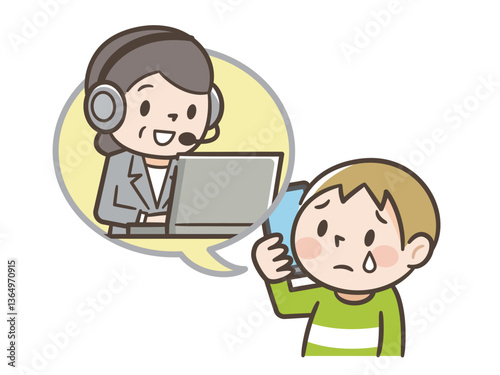 相談窓口に電話で悩みを打ち明ける男の子のイラスト