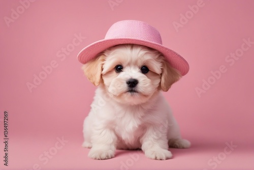 Adorable Maltipoo Puppy Wearing a Cute Hat, Posing Playfully Against a Soft Light Pink Background. Generative AI
