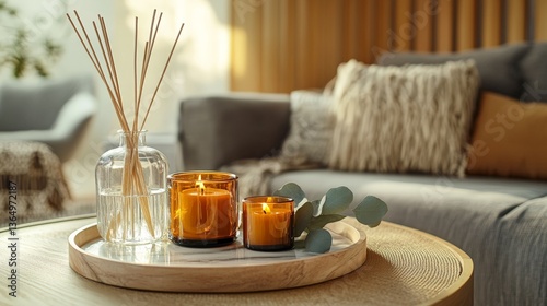 Cozy living room with amber candles and reed diffuser on wooden tray