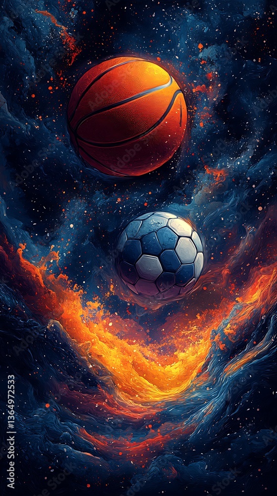 Fototapeta premium Basketball and Soccer Ball Floating in a Vibrant Cosmic Scene
