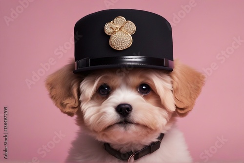 Adorable Maltipoo Puppy Wearing a Cute Hat, Posing Playfully Against a Soft Light Pink Background. Generative AI