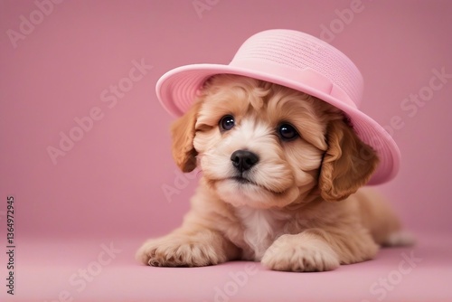 Adorable Maltipoo Puppy Wearing a Cute Hat, Posing Playfully Against a Soft Light Pink Background. Generative AI