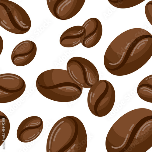 Many big coffee beans vector seamless pattern. Energy drink print. Food element background. Fresh medium roast. Premium grains. Espresso blend. Cafe interior wallpaper. Cartoon art for package design
