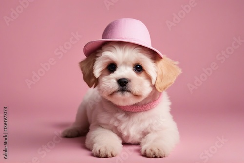 Adorable Maltipoo Puppy Wearing a Cute Hat, Posing Playfully Against a Soft Light Pink Background. Generative AI
