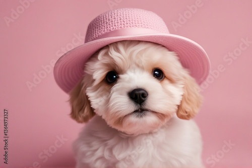 Adorable Maltipoo Puppy Wearing a Cute Hat, Posing Playfully Against a Soft Light Pink Background. Generative AI