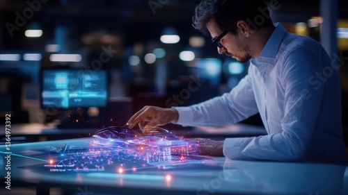 Automotive engineer designing electric car using augmented reality hologram interface innovation 3D model