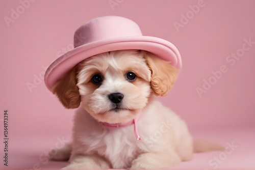 Adorable Maltipoo Puppy Wearing a Cute Hat, Posing Playfully Against a Soft Light Pink Background. Generative AI